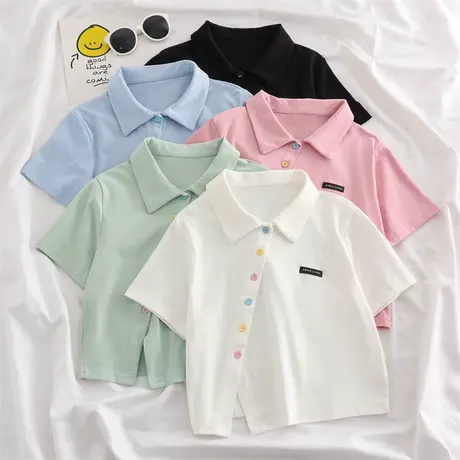 翻领polo衫短袖t恤女修身夏季别致设计感小众高腰短款上衣服ins潮商品大图