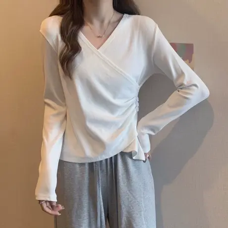 交叉设计感小众T恤长袖早秋百搭韩版修身显瘦打底衫纯棉V领上衣服商品大图