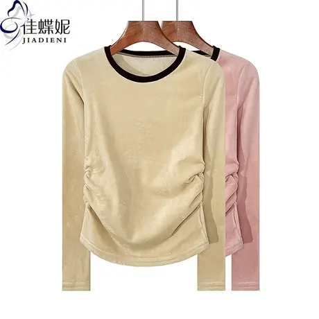 秋冬新款圆领撞色拼接修身褶皱加绒加厚保暖长袖体恤上衣女打底衫商品大图