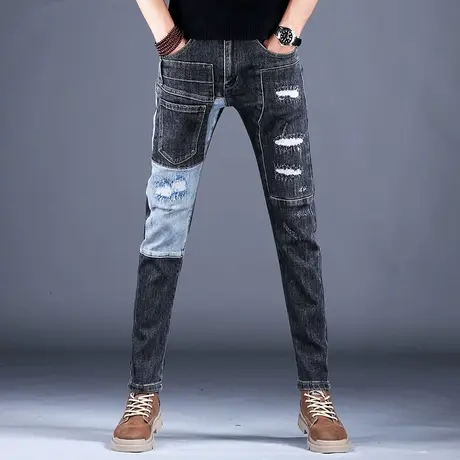 2023男士百搭新款牛仔裤子时尚修身破洞补丁拼色小脚裤男潮牌百搭商品大图