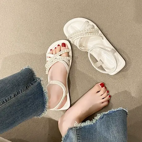 女鞋气质外穿凉鞋软底优雅仙女风平底罗马鞋真皮时装凉鞋高级感夏图片