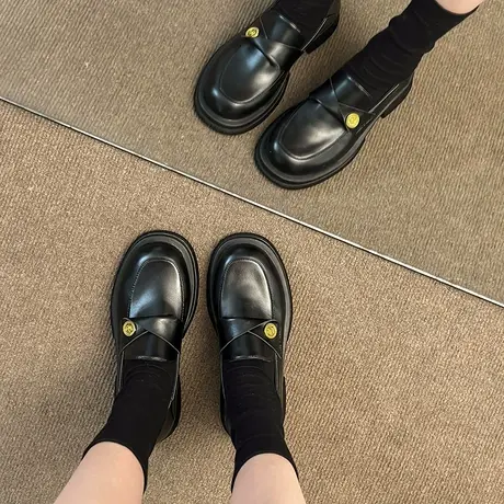 黑色一脚蹬乐福鞋女2024春秋季新款复古英伦风小皮鞋法式粗跟单鞋商品大图