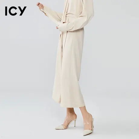 icy春季时尚腰部系带裙裤简约拼接阔腿裤不对称九分裤女长裤图片