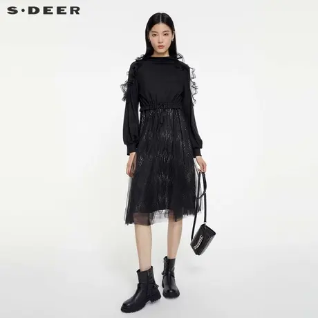 sdeer圣迪奥女装圆领荷叶边条纹收腰网纱连衣裙S231Z1213图片
