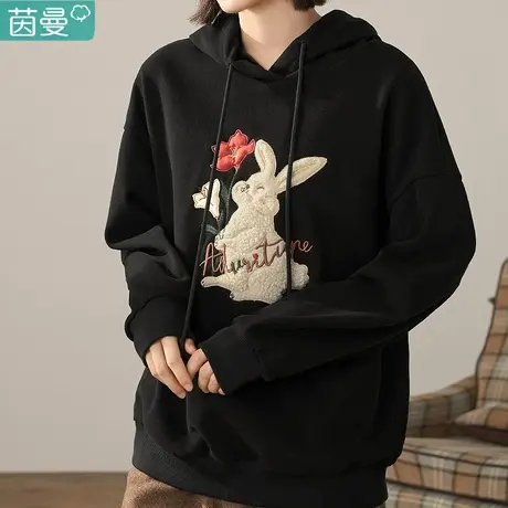 茵曼加厚加绒卫衣女2023新款秋冬季长袖宽松上衣帽衫外套高街潮图片