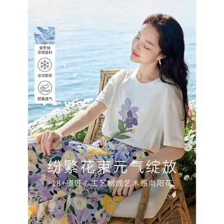 茵曼2023夏季女装新款百搭休闲花朵刺绣宽松舒适遮肉圆领短袖T恤图片