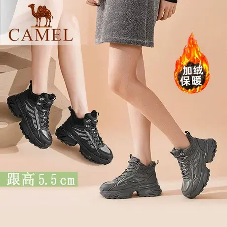 骆驼2022年新款冬季加绒高帮棉鞋中跟系带ins潮老爹鞋女厚底短靴图片