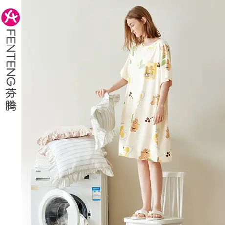 芬腾睡裙女纯棉夏季短袖中长裙可爱卡通韩版少女可外穿家居服睡衣商品大图