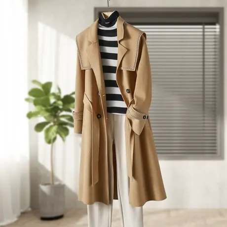 可拆卸翻领毛呢大衣2021年秋冬季新款女士时尚气质减龄中长款外套商品大图