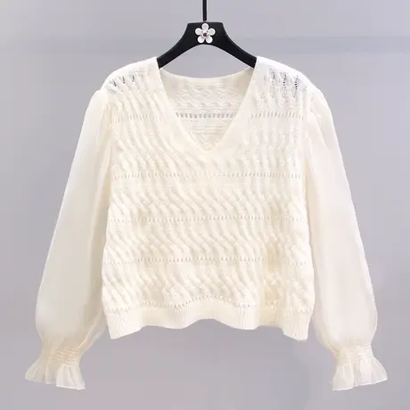 网纱拼接镂空针织衫女2023年春秋新款宽松设计感减龄V领小众上衣图片