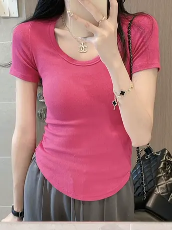 纯色圆领短袖t恤女2023夏季新款减龄感小众气质性感显瘦ins上衣女商品大图
