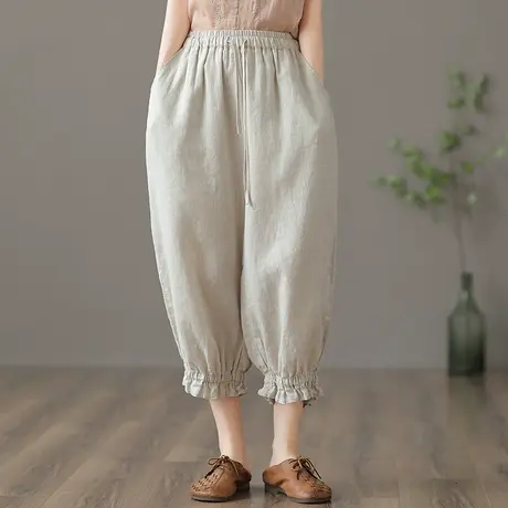 dza 高腰白色亚麻阔腿裤女夏薄款宽松显瘦九分萝卜裤休闲棉麻女裤商品大图