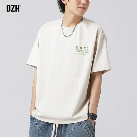 男士杏色短袖t恤男夏季发泡印花宽松衣服纯棉潮牌潮流体恤男款薄商品大图