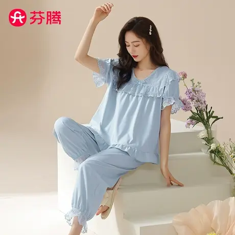 芬腾纯棉睡衣女士夏季短袖薄款套装宫廷风法式甜美大码家居服夏天商品大图