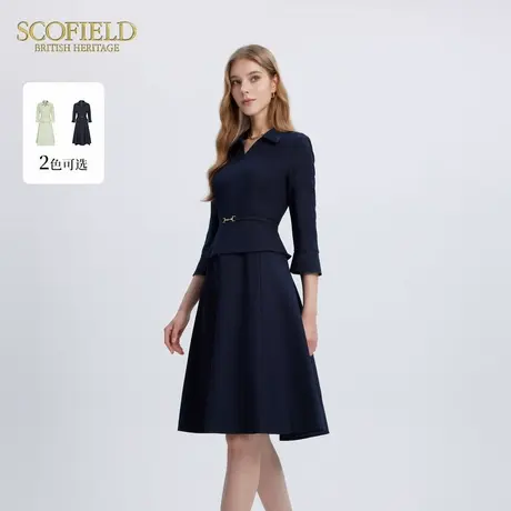 Scofield女装小V翻领优雅垂坠感收腰假两件连衣裙秋季裙子图片