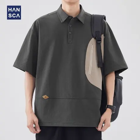hansca凉感翻领短袖衬衫男夏季薄款日系复古口袋透气休闲衬衣外套商品大图