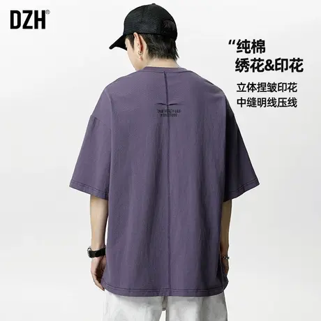 男士紫色纯棉t恤衣服男款美式短袖男2025新款上衣夏季半袖体恤衫商品大图