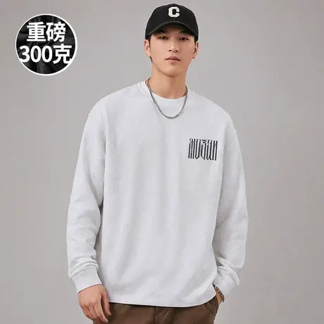 100%纯棉300g重磅宽松胖子T恤长袖白色打底衫加肥加大码男装秋款商品大图