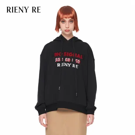 RIENYRE连帽卫衣女2023秋季新款美式慵懒高级感黑色宽松字母上衣图片