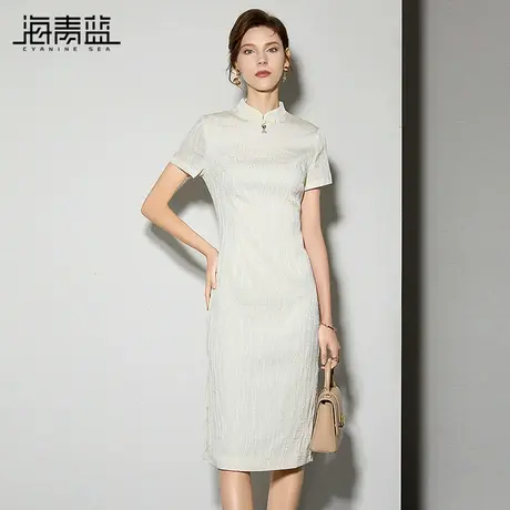 海青蓝新中式旗袍连衣裙女2024夏季新款优雅气质白色国风包臀裙子图片