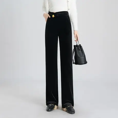 黑色金丝绒直筒裤女秋冬季2023新款韩版显瘦长裤高腰时尚休闲裤子图片