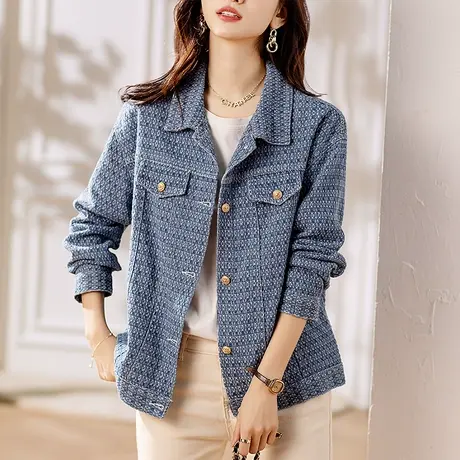 牛仔外套女春秋季新款宽松加大码女装胖妈妈休闲千鸟格夹克上衣衫商品大图