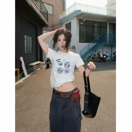夏季短袖女正肩t恤修身显瘦白色小众设计感收腰圆领短款上衣新款商品大图