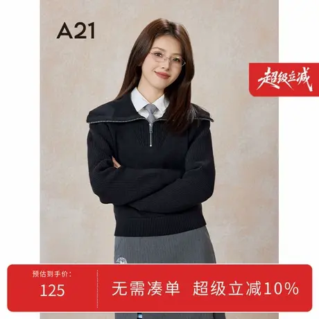 A21女装合体翻领半开筒套头长袖线衫黑色百搭海军领慵懒风上衣商品大图