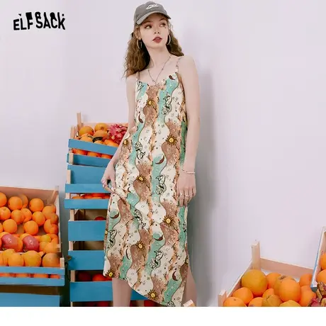 妖精的口袋满印吊带连衣裙女2023夏季新款长裙复古显瘦高级感裙子商品大图