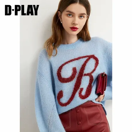 DPLAY德帕拉秋冬新款蓝色宽松圆领套头针织衫字母潮酷个性毛衣女商品大图