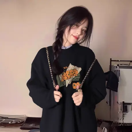 美式宽松趣味印花超好看卫衣女秋季新款长袖加厚加绒韩版圆领上衣商品大图
