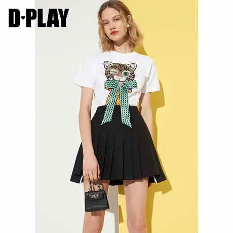 DPLAY夏新款元气少女可爱猫咪装饰蝶结圆领白色T恤商品大图