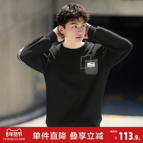 唐狮2026秋冬男圆领加绒拼接卫衣百搭明线设计感时尚休闲贴布宽松图片