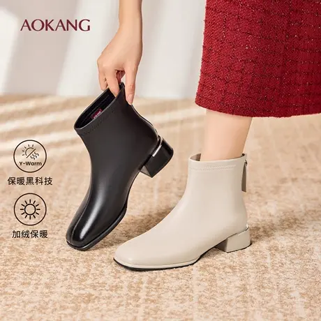 奥康 女鞋2025冬季新款法式小短靴女高跟鞋踝靴粗跟白色瘦瘦靴子图片