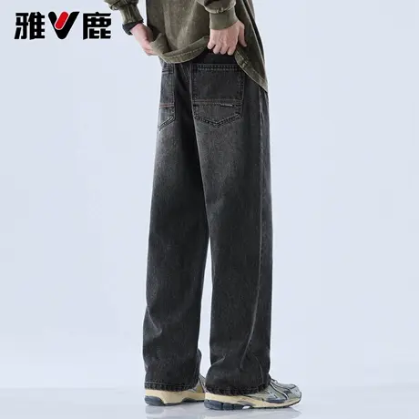 雅鹿宽松水洗磨白牛仔裤2026春季新款男青年显高显瘦直筒休闲长裤图片