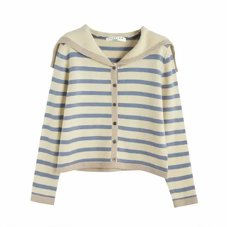 唐狮秋冬季女毛衣温柔风条纹海军领开衫可爱学院风设计感tu图片