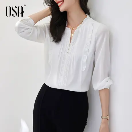 OSA欧莎白色v领长袖雪纺衬衫女春装2023年新款设计感小众衬衣上衣商品大图