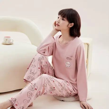 【好物体验专享】秋鹿超柔软屁桃睡衣女款春秋款纯棉长袖长款套装图片