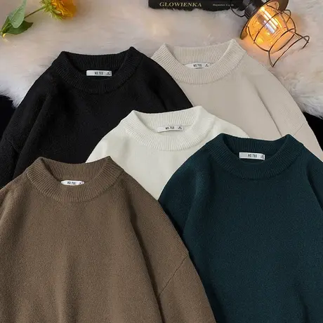 慵懒风软糯毛衣男宽松外穿冬季针织衫圆领毛线衣日系复古纯色毛衫商品大图