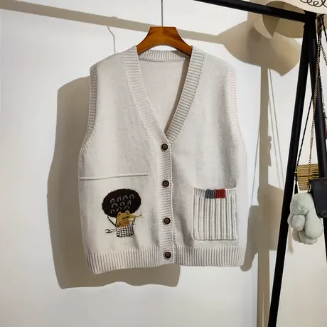 学院风针织马甲开衫女2023秋冬新款宽松v领无袖坎肩毛衣背心外套商品大图