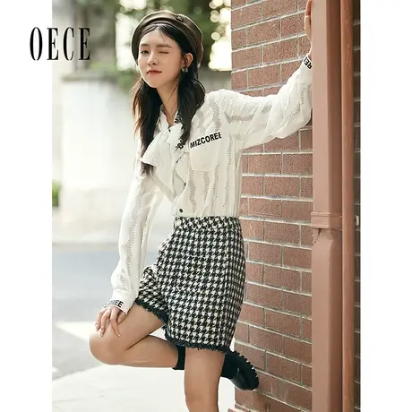 Oece复古千鸟格裤子冬装新款女装高腰裤女士气质百搭短裤秋冬商品大图
