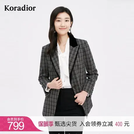 珂莱蒂尔休闲正装长袖复古西装外套女别致格纹西服上衣春秋新款图片