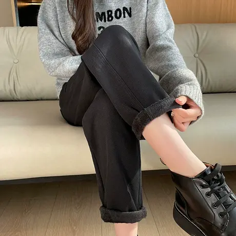 黑色牛仔裤女秋冬加绒2023年新款高腰宽松加厚九分萝卜哈伦老爹裤商品大图