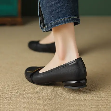 2023新款女单鞋软真皮低跟四季鞋平底圆头小皮鞋粗跟浅口气质女鞋商品大图