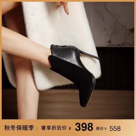 熙漫2023秋冬新款尖头细跟简约短靴职业通勤百搭黑色加绒高跟靴女图片