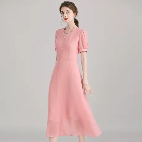 【1件7.9折】夏季新品时尚显瘦V领大摆裙子百搭中长款短袖连衣裙商品大图