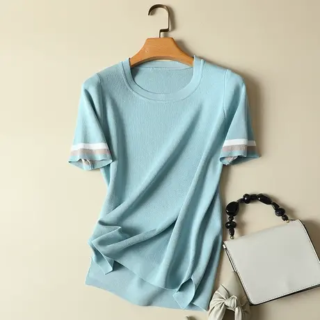 冰丝针织衫女2024年新款春夏季短袖t恤圆领宽松打底衫上衣女薄款商品大图
