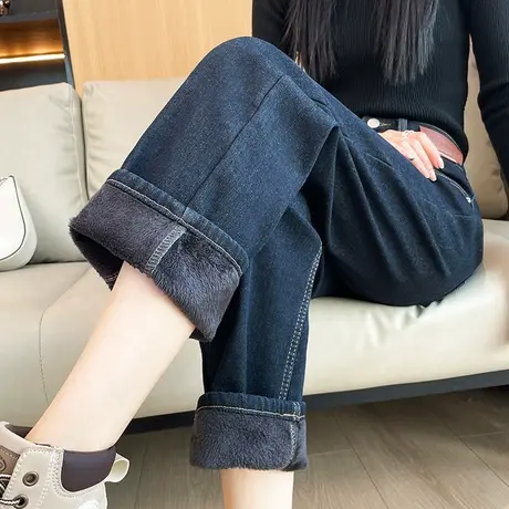 牛仔裤女直筒春秋2024年高腰宽松显瘦百搭加厚深蓝色哈伦老爹裤子商品大图