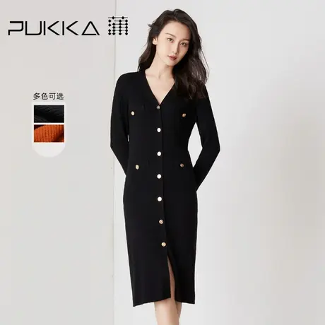 蒲PUKKA 秋冬羊毛针织连衣裙V领长袖单排扣中长款修身内搭女裙图片