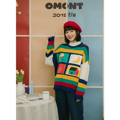 omont蛋挞家 复古彩色条纹圆领套头毛衣女宽松外穿毛针织衫秋冬季图片